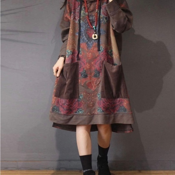 Loose Ethnic Floral Hoodie Sweatshirt Dress - Picture 3 of 6